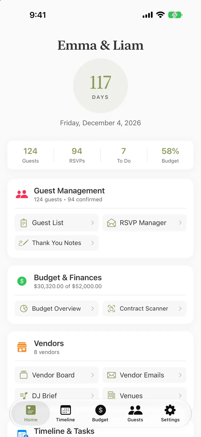 Wedding Planner Pro Ai app dashboard showing countdown, guest list, budget, and vendor tracking