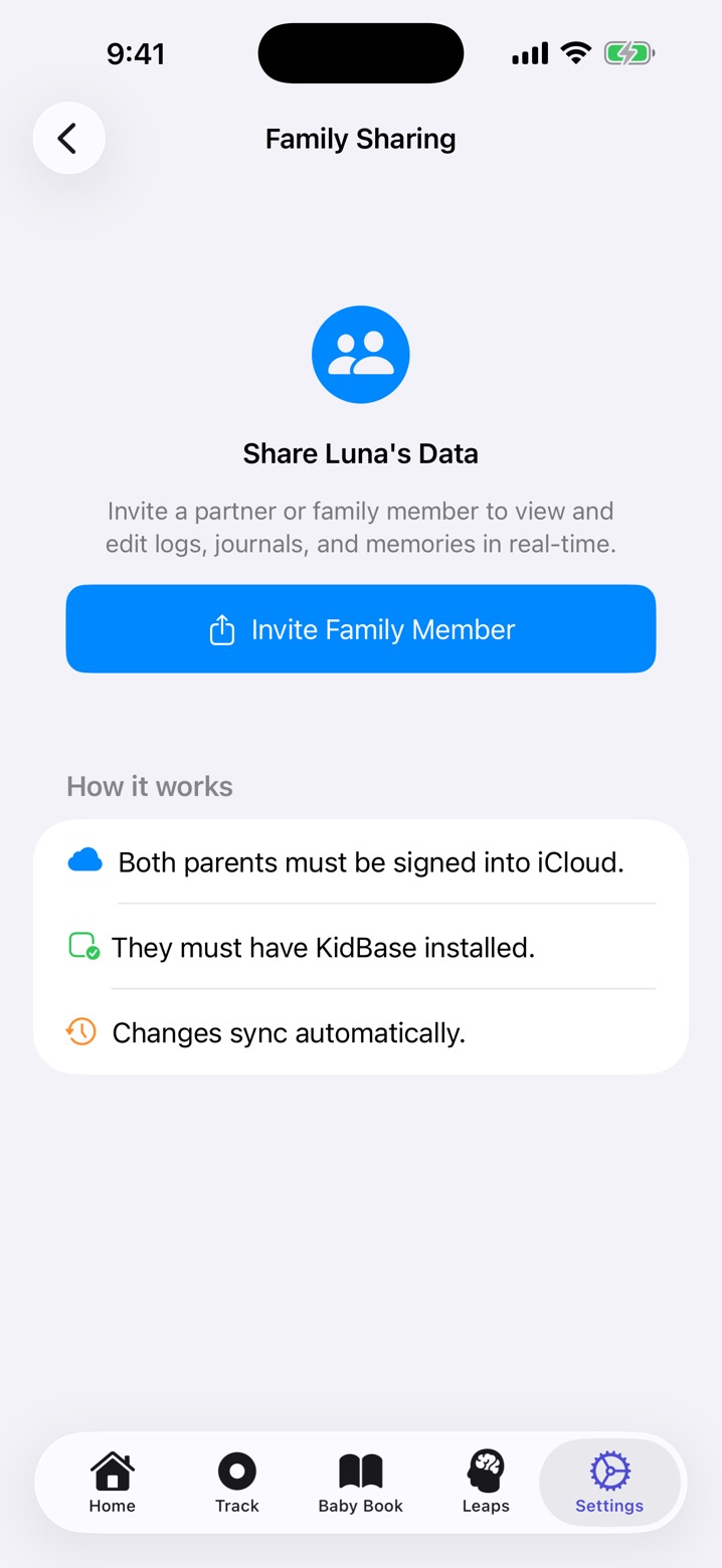 KidBase Family Sharing screen with an Invite Family Member button